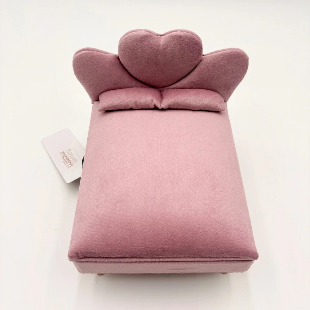 Willow & Riley Pink Velvet Heart Bed Jewelry Box Miniature Furniture Gold Legs